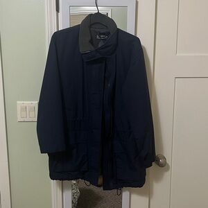 Vintage Lands End Navy Blue Womens barn chore quilted jacket, fleece gray lining
